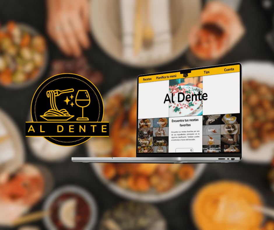 Imagen blureada de comida de fondo, en medio se puede observar el logo de Al dente y una laptop con el diseño deñ sitio web de Al Dente